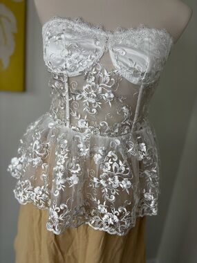 Sheer White Floral Lace Strapless Peplum Bustier Top